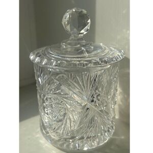 Vintage Cut American Brilliant Style Crystal Jam Mustard Jar w/ Lid Starburst
